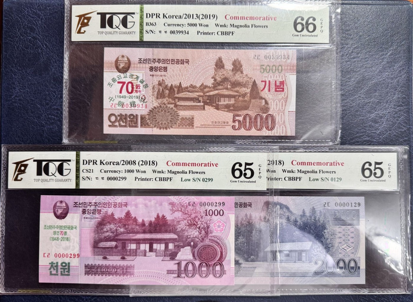 收藏联盟Quantum Auction 第339期拍卖  朝鲜2018-19年50-5000元中朝建交70周年纪念 TQG65-66 GEPQ/D 部分为百位号 