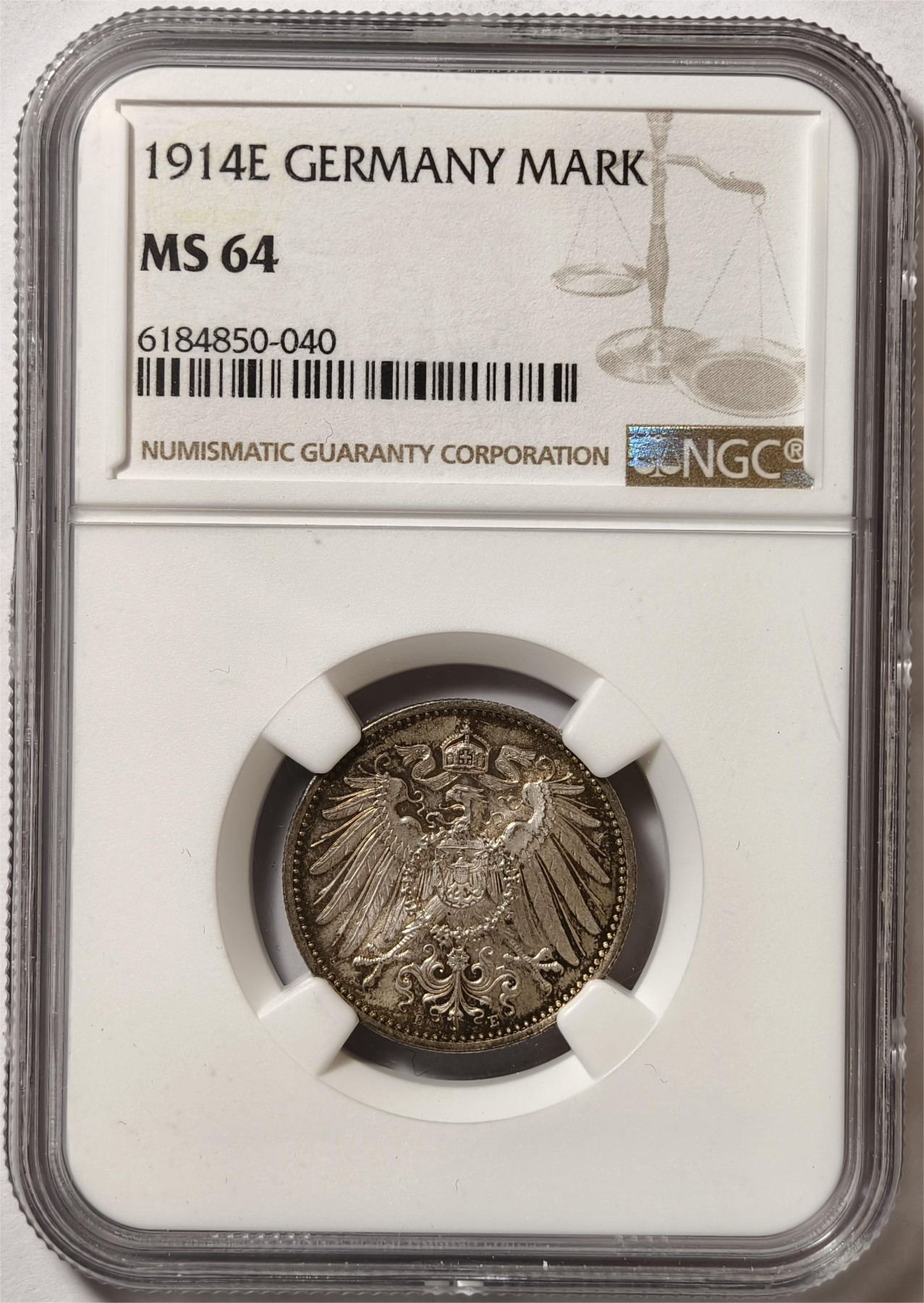 紫瑗钱币——第372期拍卖 德国 1914年 E版 第二帝国 长翅 1马克 银币 NGC MS64 五彩包浆