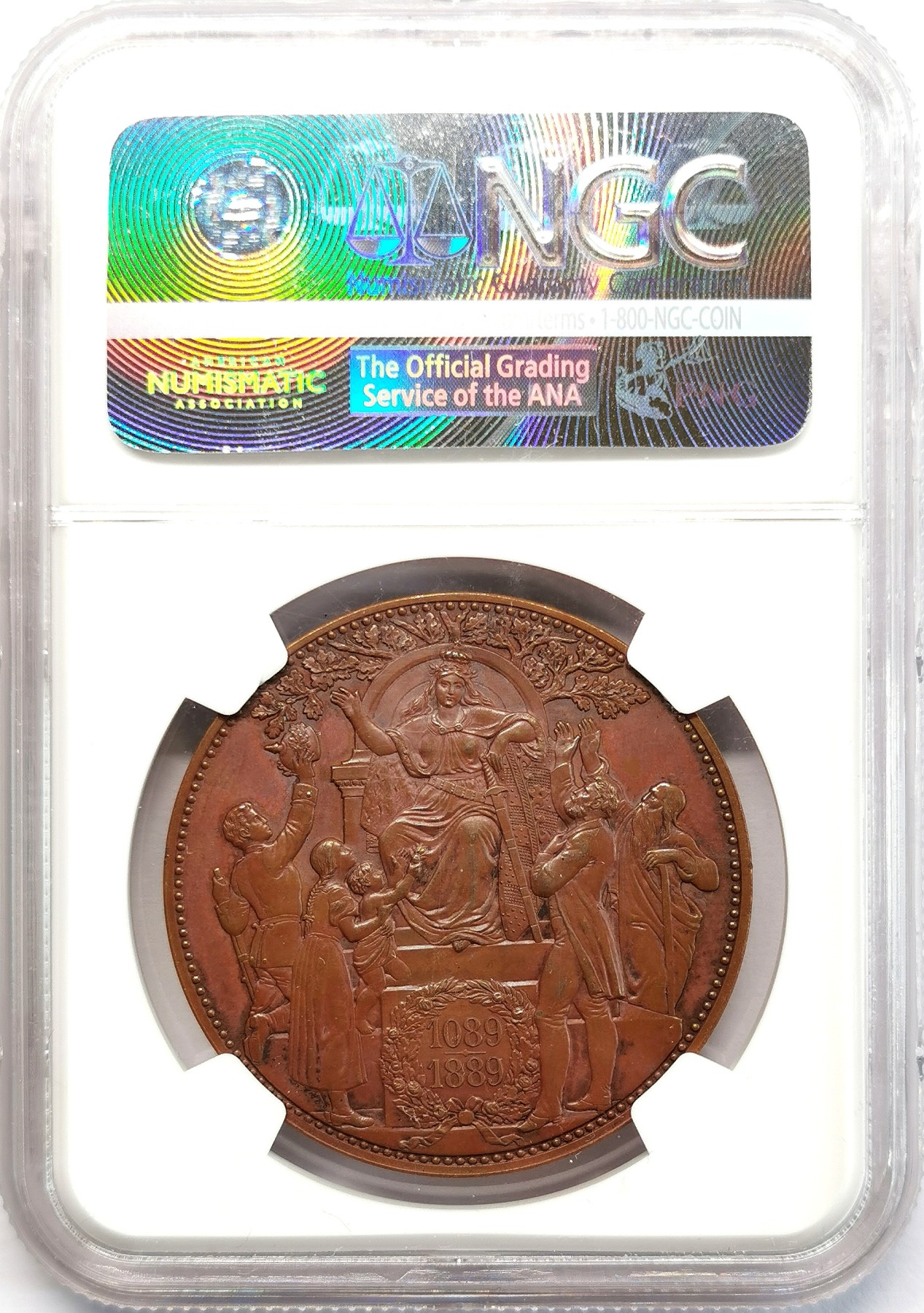 凡希社世界钱币微拍第二百六十六期 荐！1889E萨克森阿尔伯特加冕暨萨克森韦廷王朝建立800周年纪念5马克铜币NGC-MS63，稀有！原味巧克力包浆。韦廷王朝起源于萨克森安哈尔特的韦廷镇，由当时的迈森蕃侯于1089年创立，它是后来著名的萨克森-科堡-哥达王朝的父系祖先。