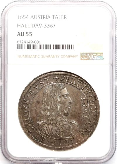 凡希社世界钱币微拍第二百六十六期 - 荐！1654神罗总庭费迪南德戎装像泰勒大银NGC-AU55，传世黑彩，包浆淳熟，压印细节一流！请参考视频。