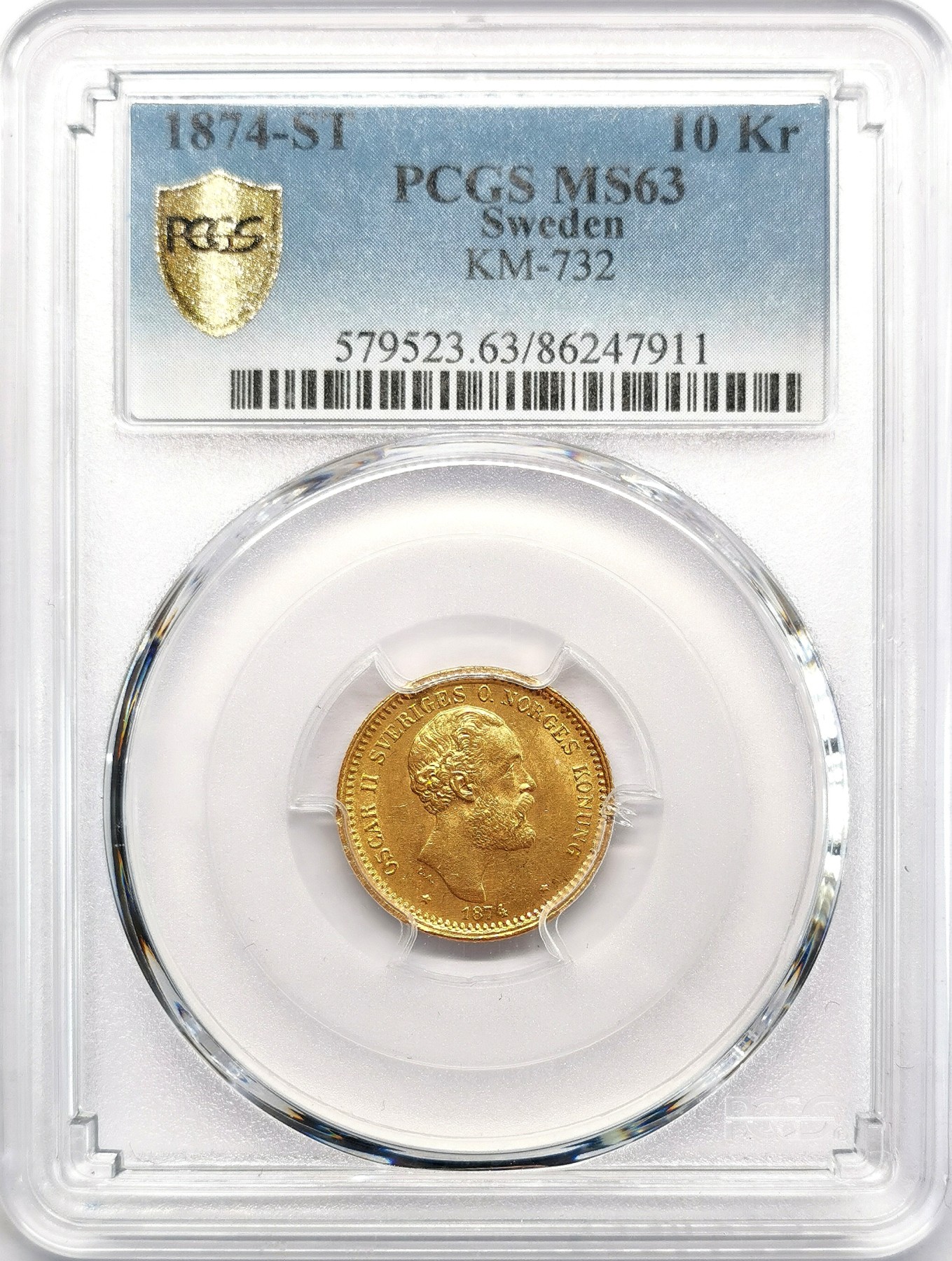 凡希社世界钱币微拍第二百六十六期 1874ST瑞典奥斯卡二世10克朗金币PCGS-MS63，4.48g，900金。