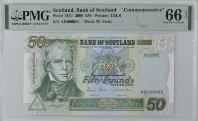 收藏联盟Quantum Auction 第339期拍卖  - 苏格兰银行2006年50镑纪念钞 PMG66 豹子号身  倒置号