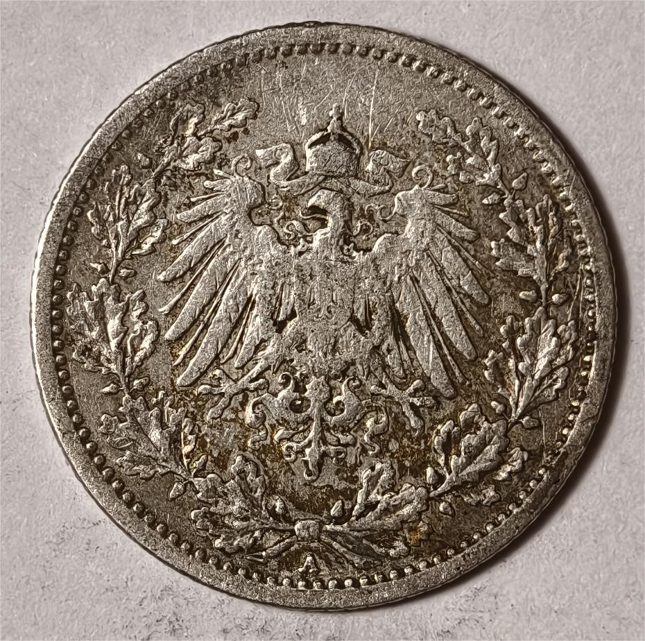 紫瑗钱币——第376期拍卖 德国 1909年 A版 第二帝国 1/2马克 银币 2.77克 0.9银