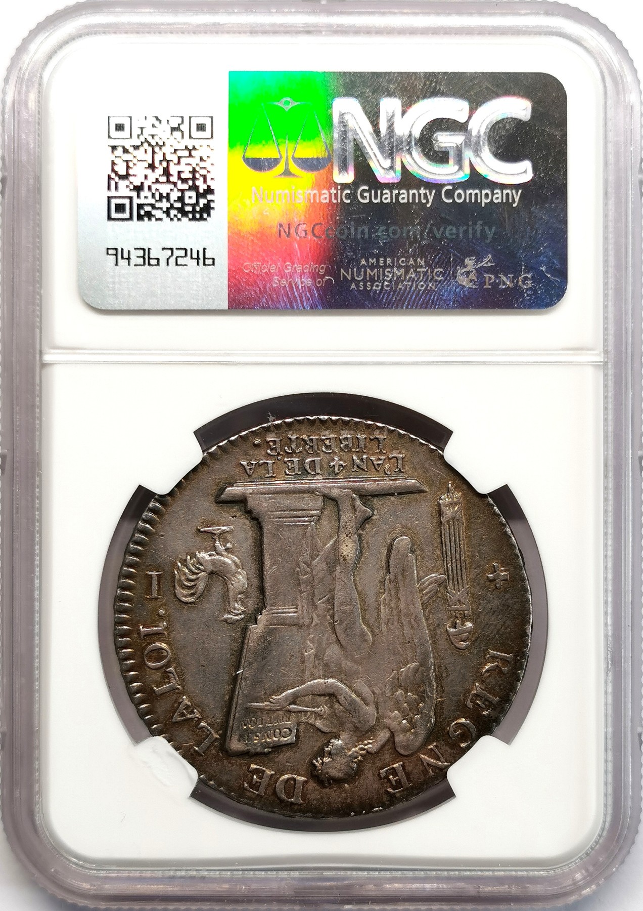 凡希社世界钱币微拍第二百六十六期 1792I法国路易十六背天使埃居大银NGC-VF35黑彩！