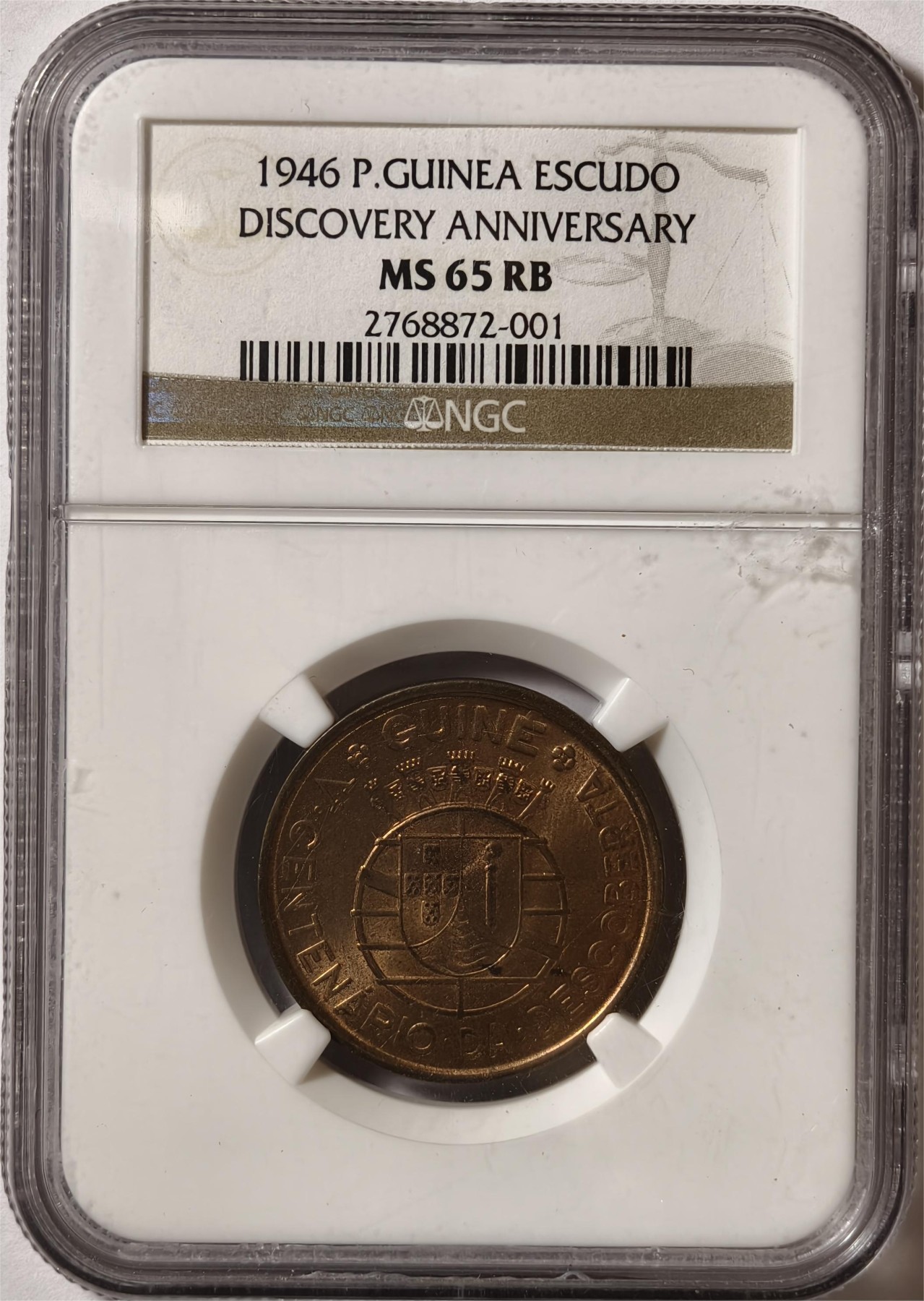 紫瑗钱币——第466期 葡属几内亚 1946年 发现纪念 1埃斯库多 NGC MS65 RB