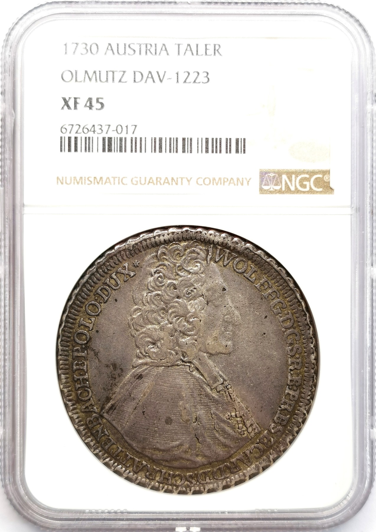 凡希社世界钱币微拍第二百六十六期 1730奥尔姆茨主教泰勒大银NGC-XF45，黑彩原味品，包浆熟美！