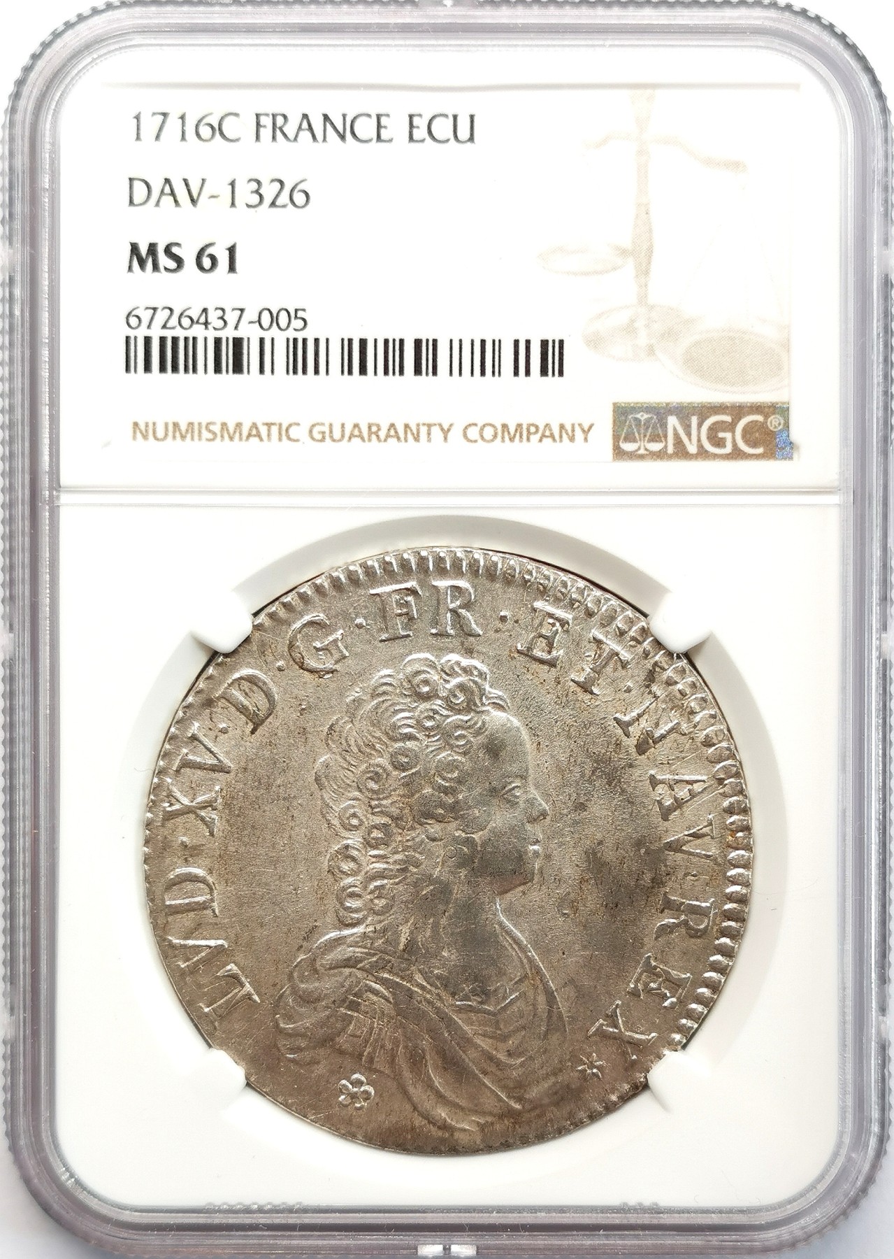 凡希社世界钱币微拍第二百六十六期 荐！1716C法国路易十五埃居大银NGC-MS61，难得全深打，原色银光，N唯一冠军分！卡昂厂好品难得，法系高阶藏家必入，请参考视频～
