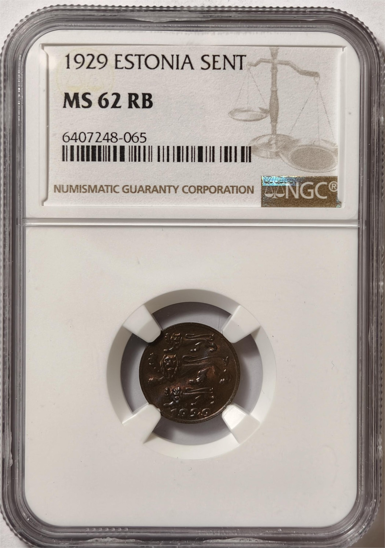 紫瑗钱币——第372期拍卖 爱沙尼亚 1929年 1生丁 铜币 NGC MS62 RB