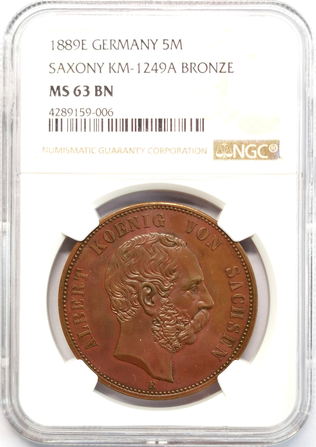 凡希社世界钱币微拍第二百六十六期 荐！1889E萨克森阿尔伯特加冕暨萨克森韦廷王朝建立800周年纪念5马克铜币NGC-MS63，稀有！原味巧克力包浆。韦廷王朝起源于萨克森安哈尔特的韦廷镇，由当时的迈森蕃侯于1089年创立，它是后来著名的萨克森-科堡-哥达王朝的父系祖先。