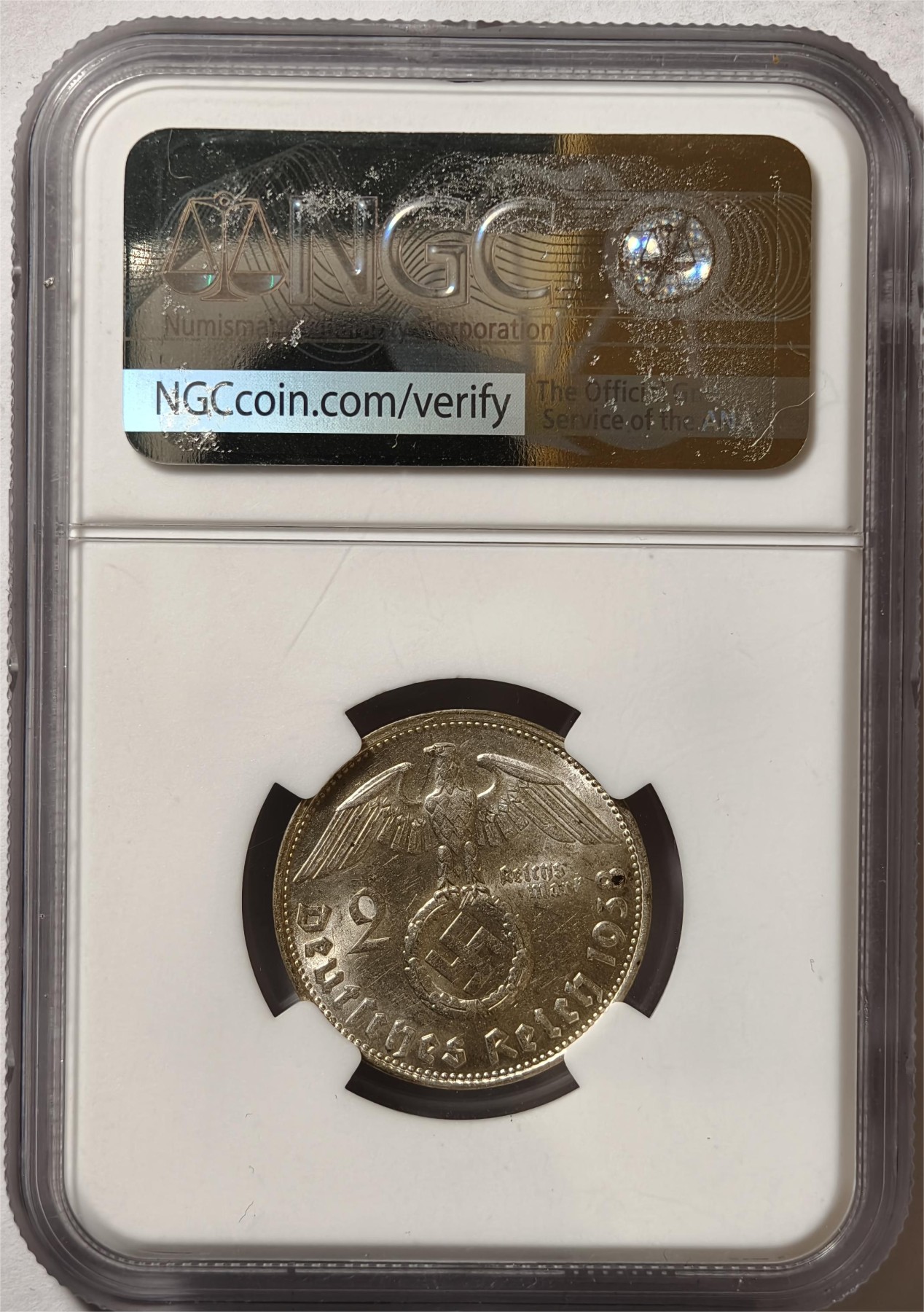 紫瑗钱币——第354期拍卖 德国 1938年 B版 兴登堡 字符版 2马克 银币 NGC MS62
