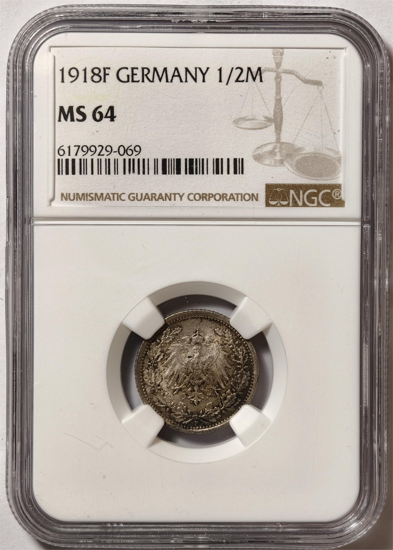 紫瑗钱币——第372期拍卖 德国 1918年 F版 第二帝国 1/2马克 银币 NGC MS64 五彩包浆