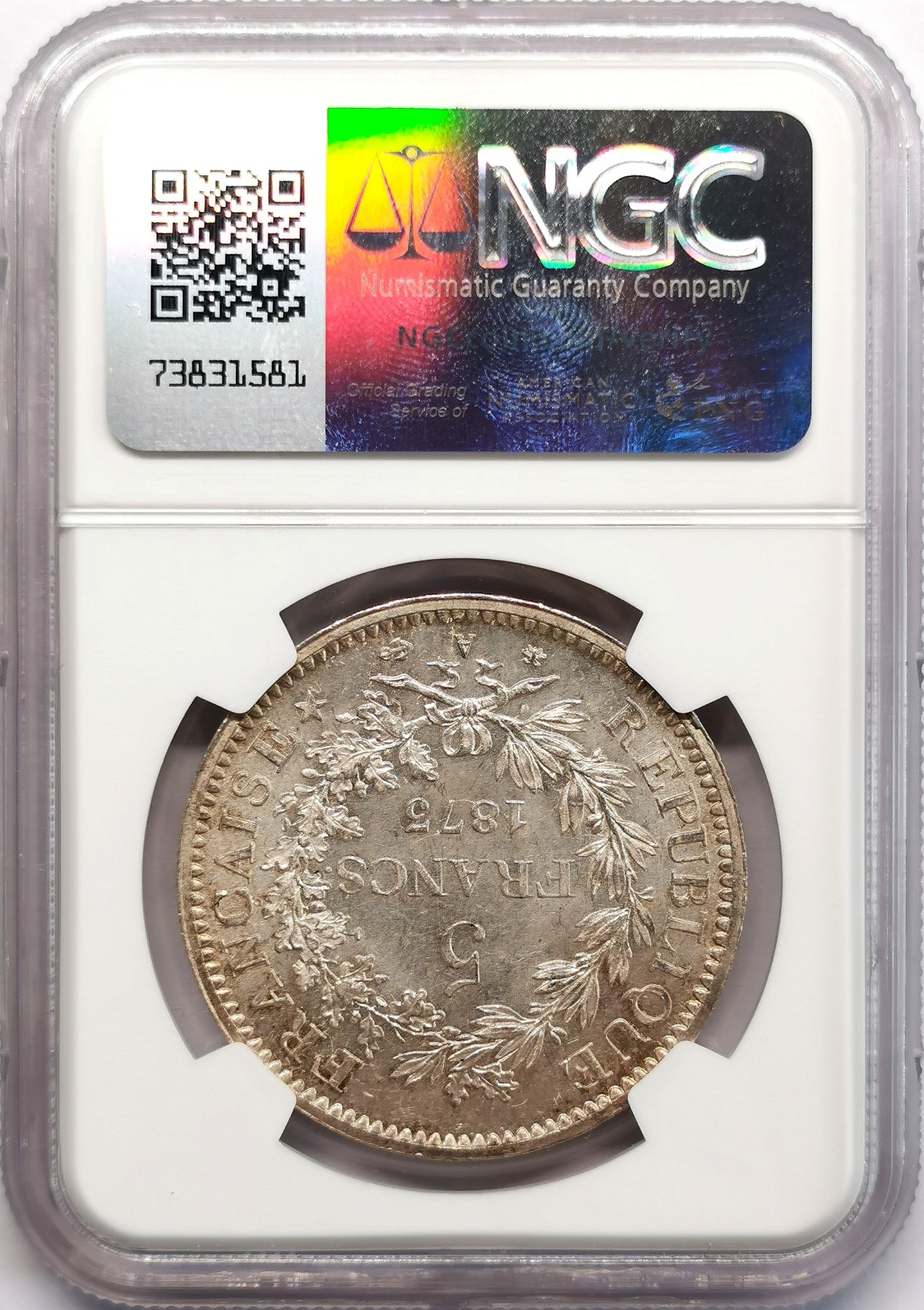 凡希社世界钱币微拍第二百六十六期 1873A法国大力神5法郎大银NGC-MS64