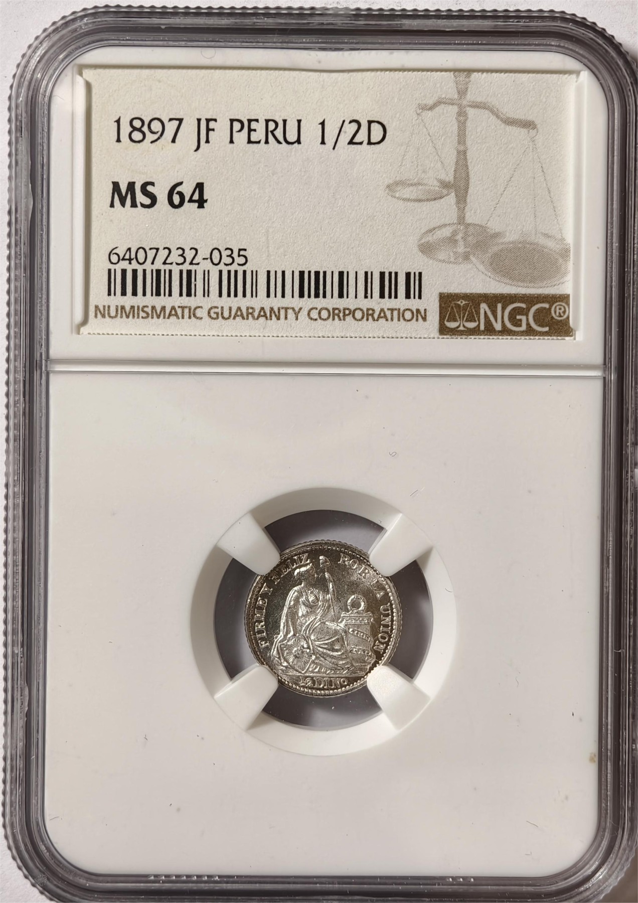 紫瑗钱币——第372期拍卖 秘鲁 1897年 JF 坐人 1/2D 1/5索尔 银币 NGC MS64
