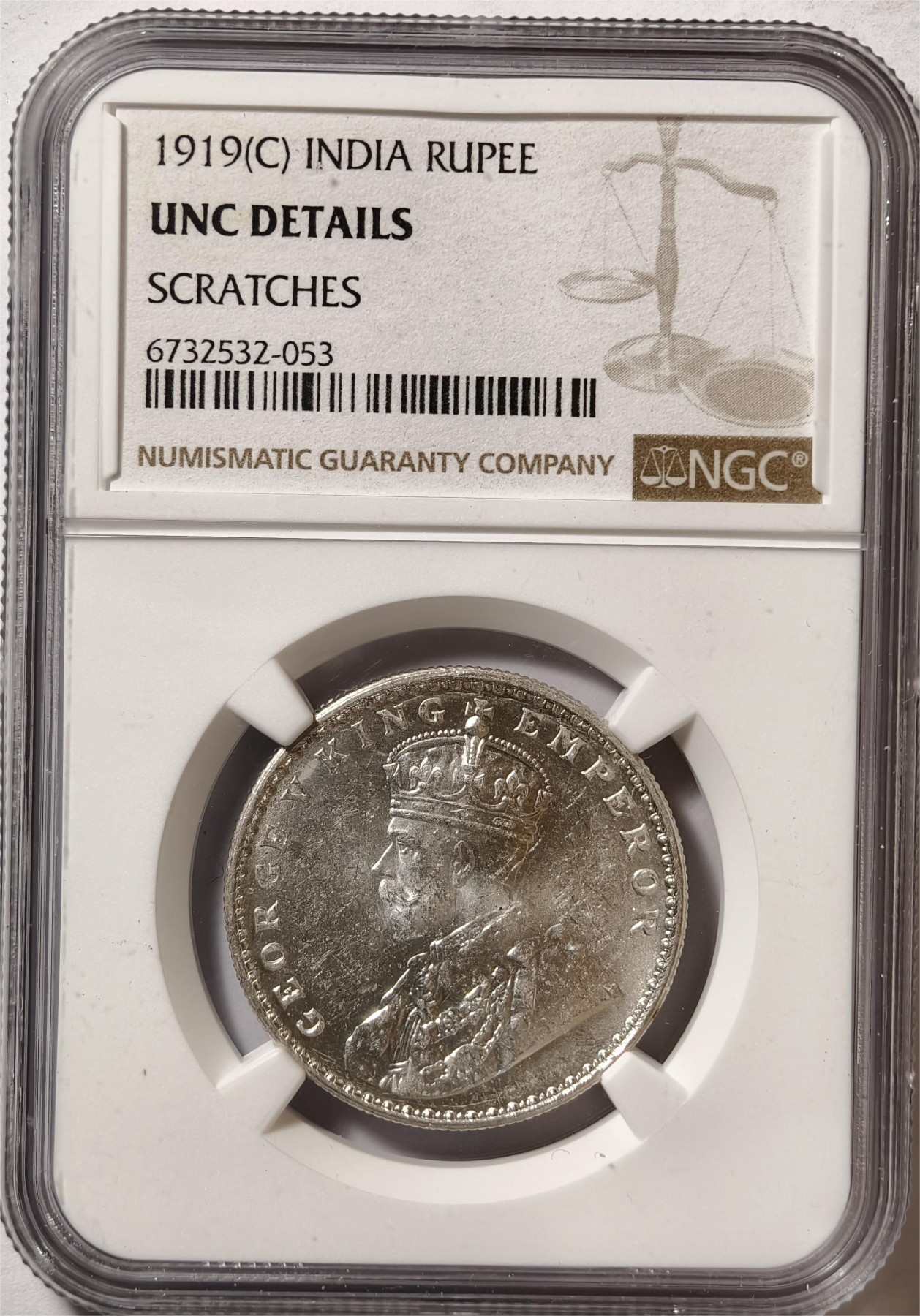 紫瑗钱币——第372期拍卖 英属印度 1919年 C版 乔治五世 1卢比 银币 NGC UNC Detail