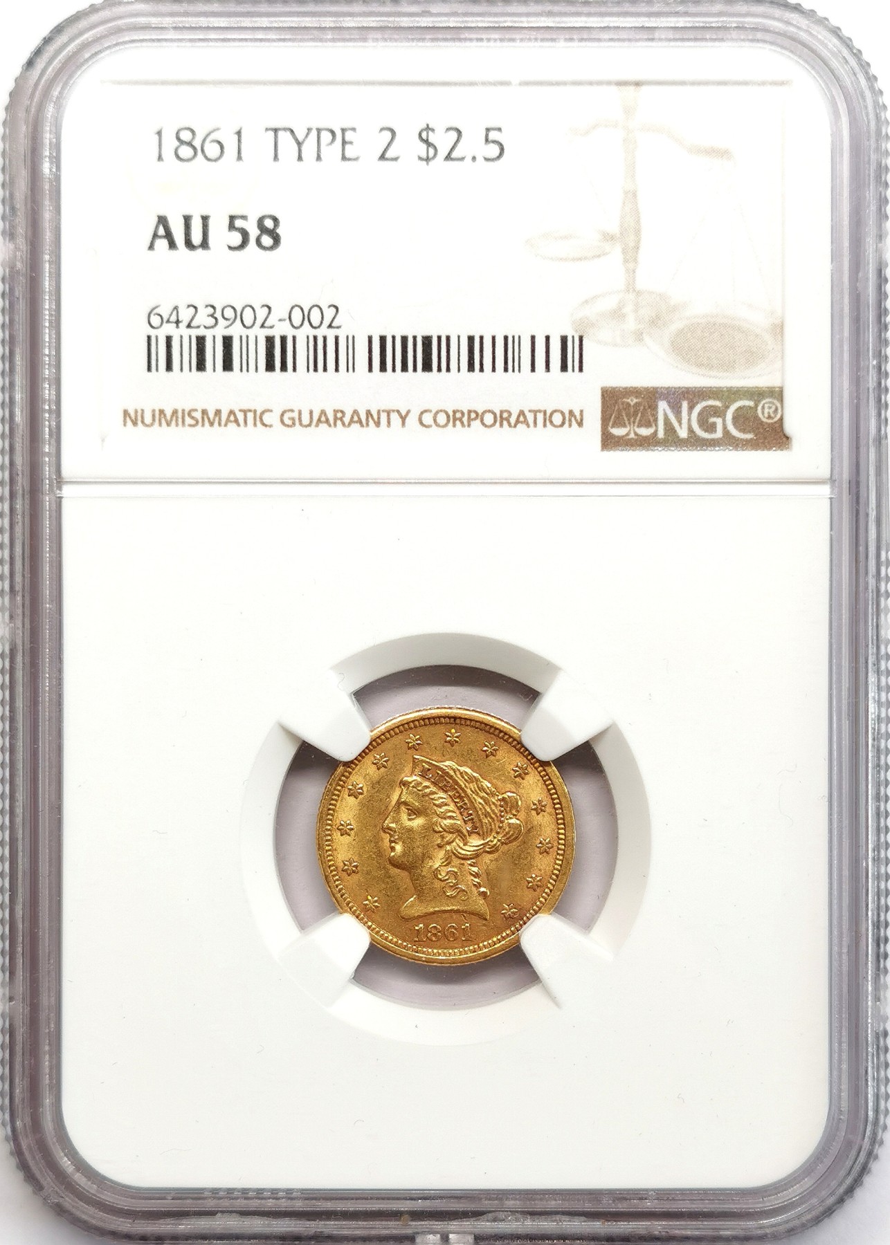 凡希社世界钱币微拍第二百六十六期 1861美国LIBERTY女神像2.5$金币NGC-AU58，TYPE II，稀见品种！