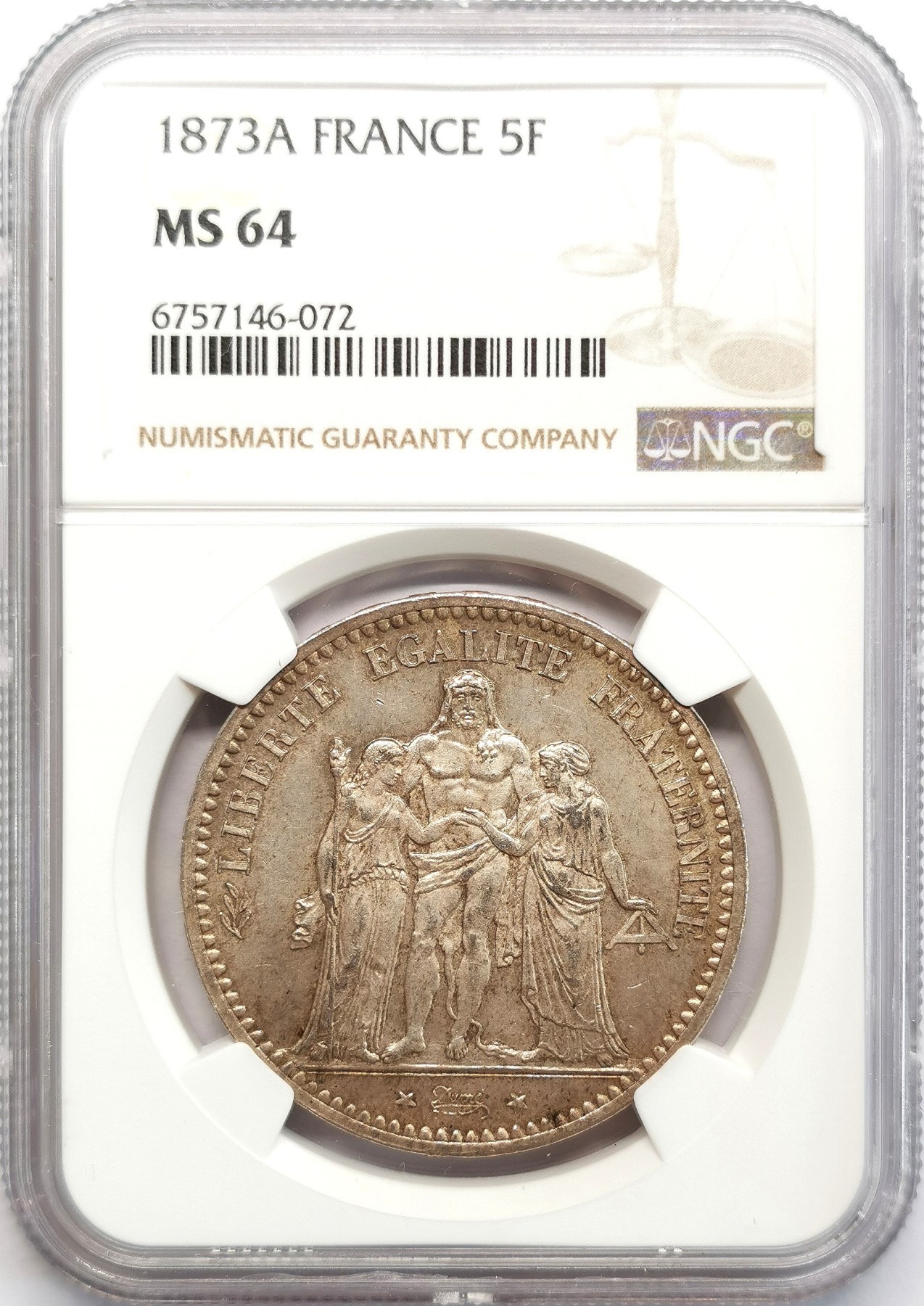凡希社世界钱币微拍第二百六十六期 1873A法国大力神5法郎大银NGC-MS64