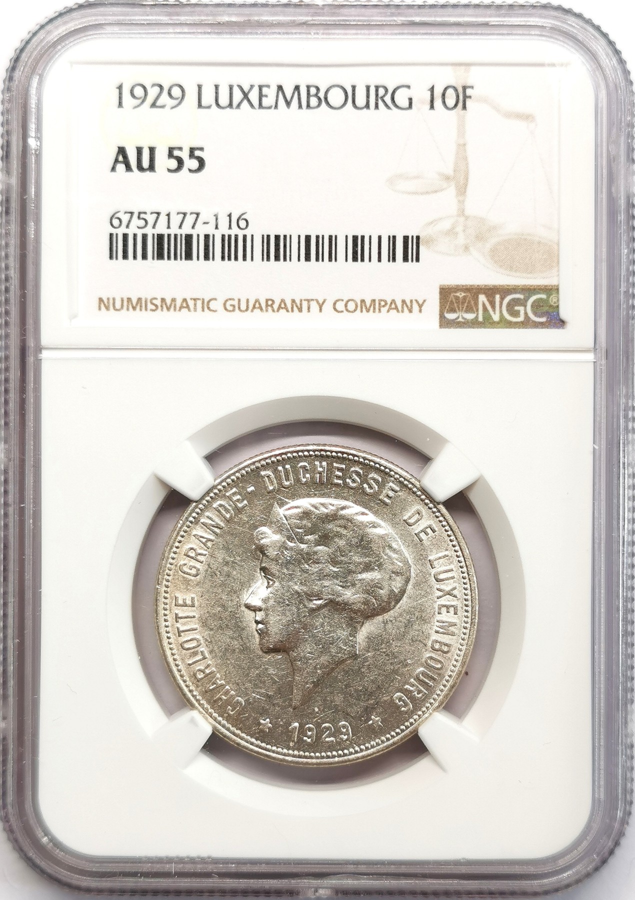 凡希社世界钱币微拍第二百六十六期 1929卢森堡夏洛特女大公10Fr银币NGC-AU55