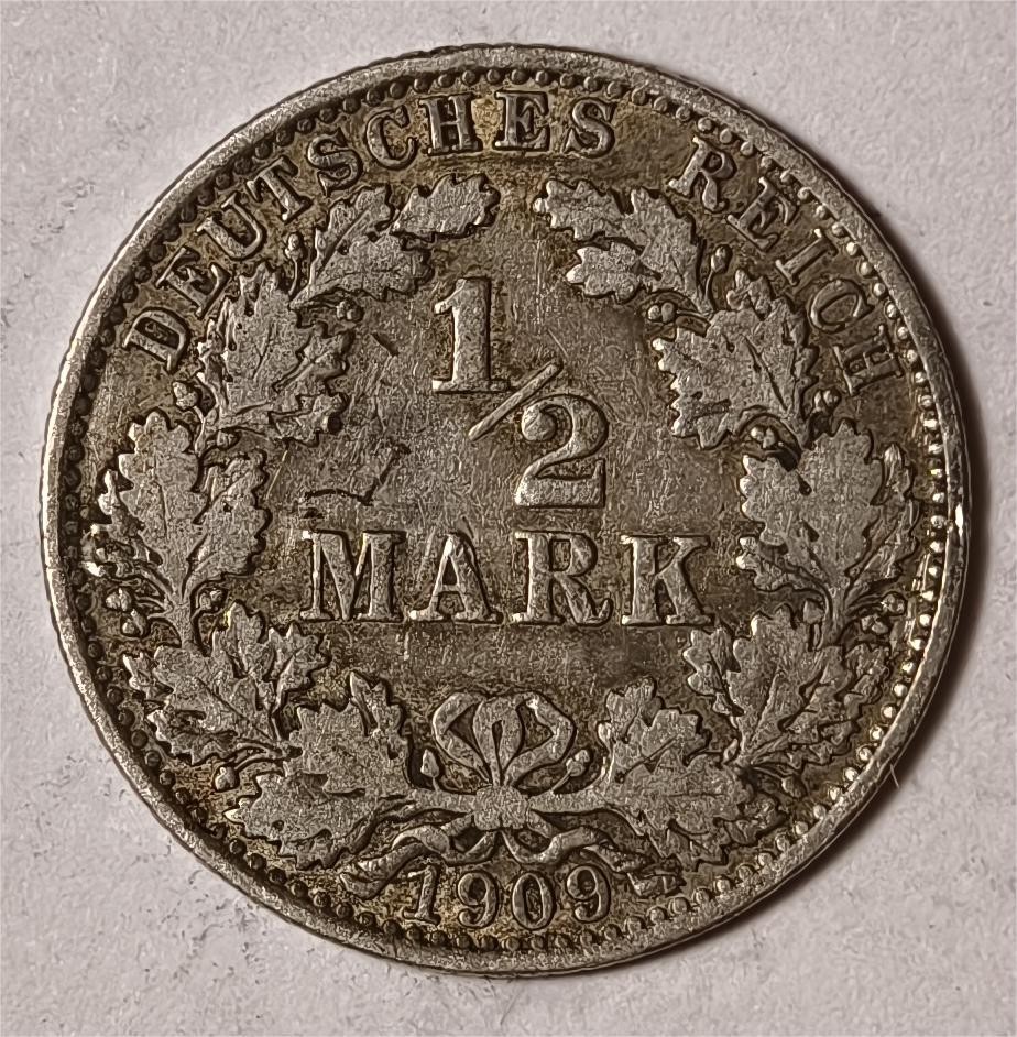 紫瑗钱币——第376期拍卖 德国 1909年 A版 第二帝国 1/2马克 银币 2.77克 0.9银