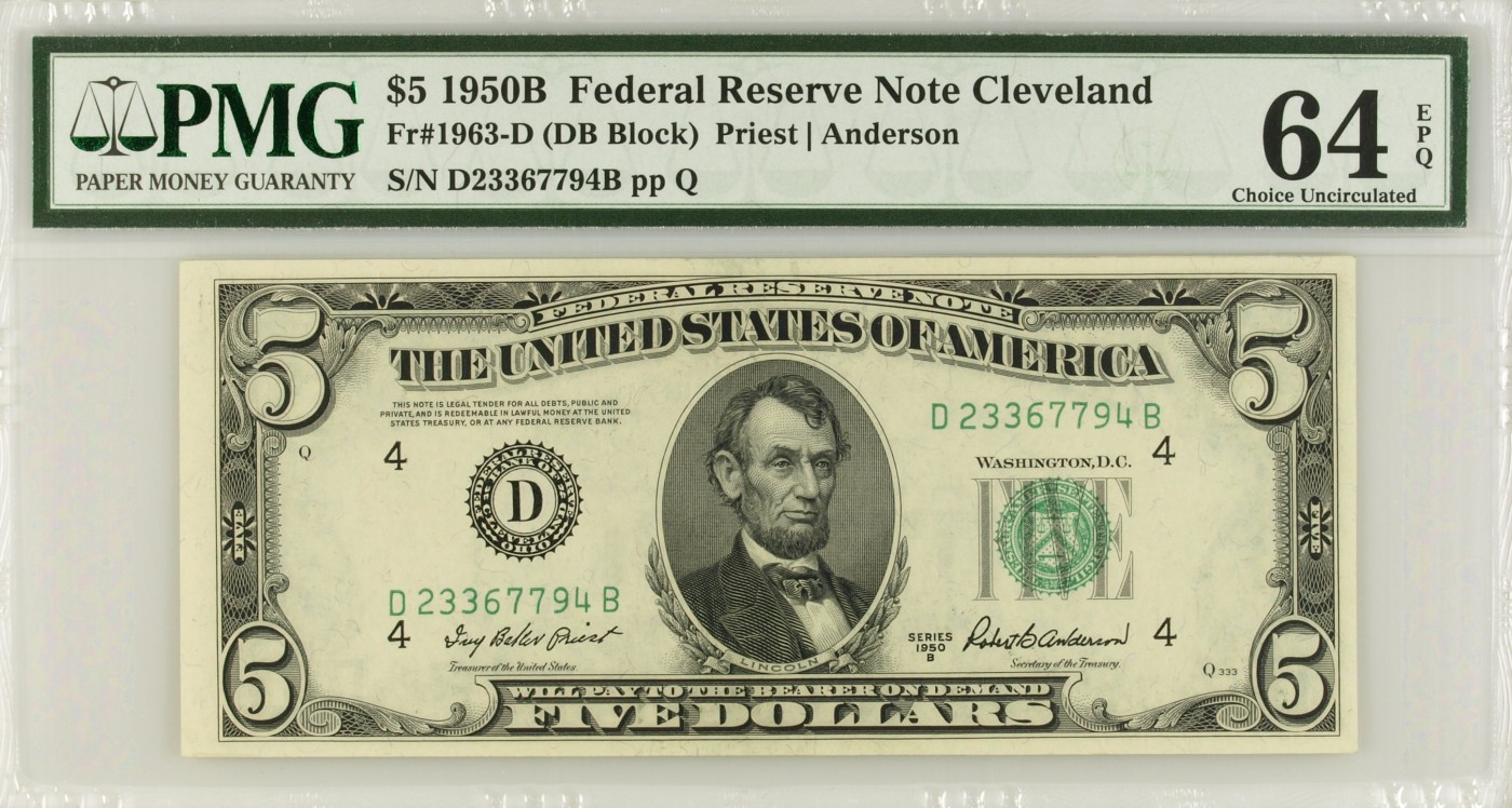 收藏联盟Quantum Auction 第339期拍卖  美国联邦1950年5元 PMG64e