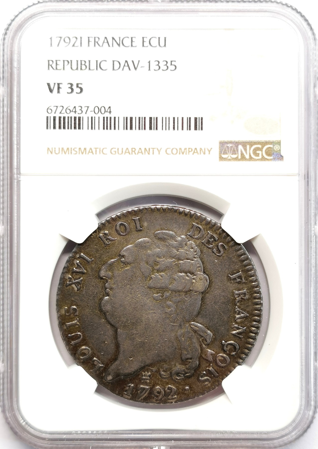 凡希社世界钱币微拍第二百六十六期 1792I法国路易十六背天使埃居大银NGC-VF35黑彩！
