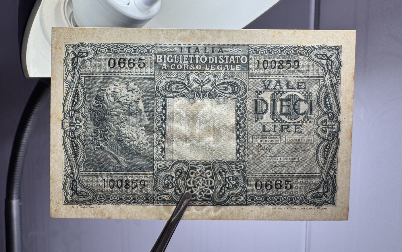 收藏联盟Quantum Auction 第339期拍卖  意大利1944年10里拉 品相UNC- 黄斑 号码全程无47