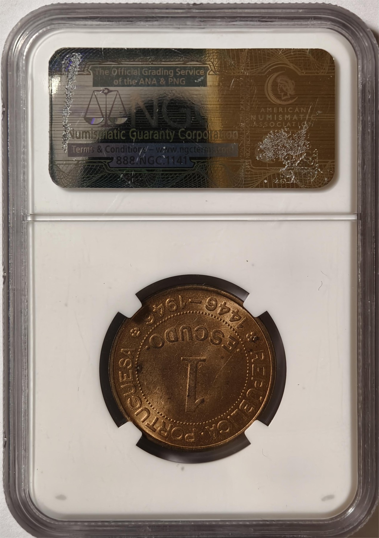 紫瑗钱币——第466期 葡属几内亚 1946年 发现纪念 1埃斯库多 NGC MS65 RB