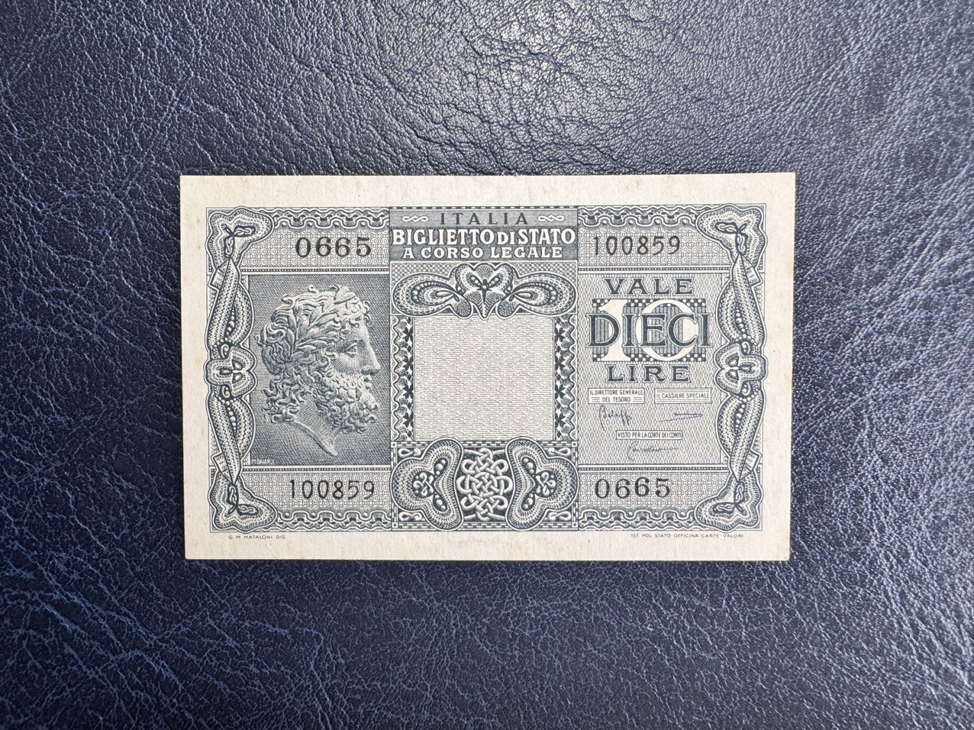 收藏联盟Quantum Auction 第339期拍卖  意大利1944年10里拉 品相UNC- 黄斑 号码全程无47