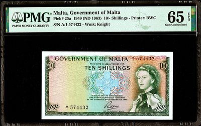 【Blue Auction】✨世界纸币精拍第463期【精】 - 【亚军分 初版绿色版 A/1首发冠】马耳他 1949年10先 BWC出品 戎装女王 PMG65EPQ 绝品少见
