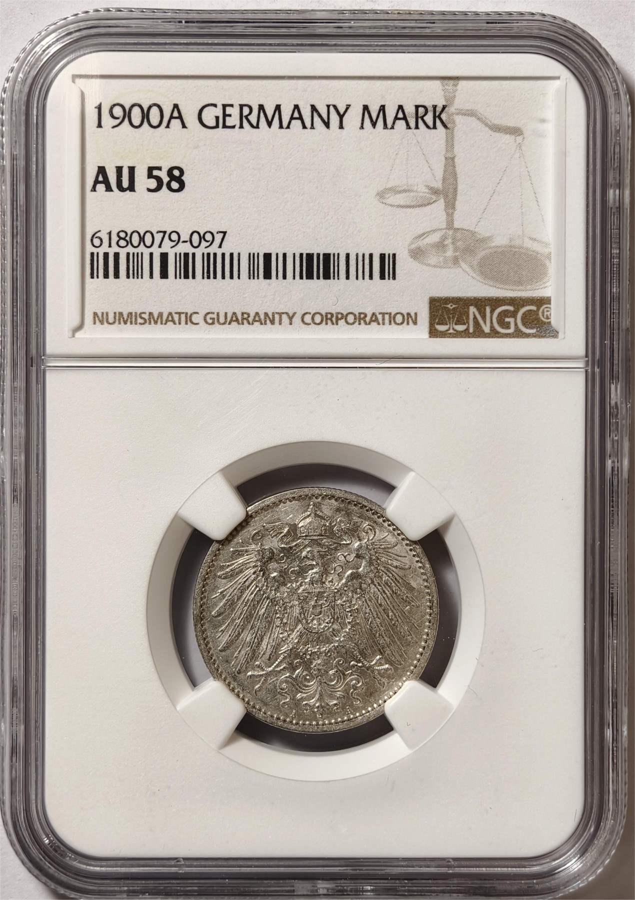 紫瑗钱币——第376期拍卖 德国 1900年 A版 第二帝国 长翅 1马克 银币 NGC AU58