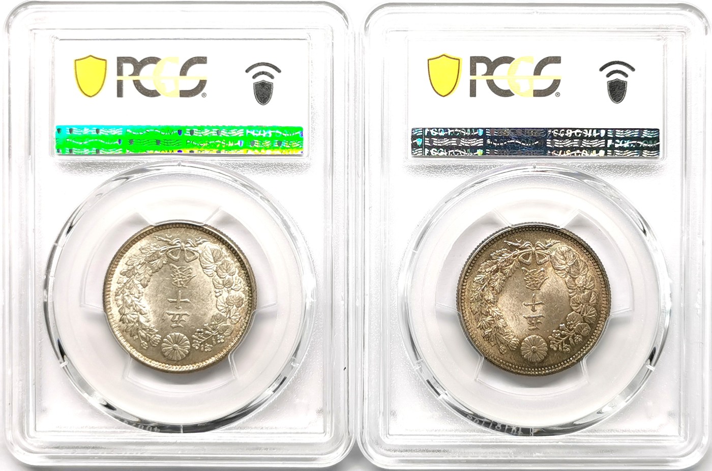 凡希社世界钱币微拍第二百六十六期 明治43年大正6年五十钱银币一对PCGS-MS64/63