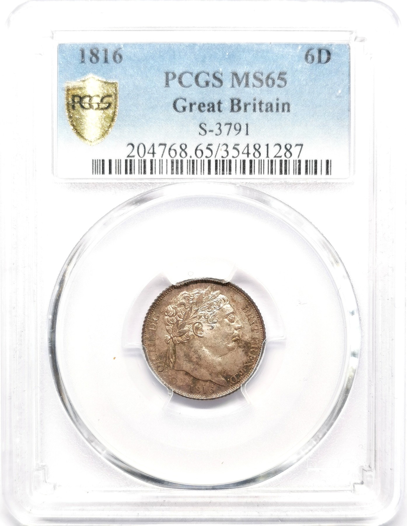 凡希社世界钱币微拍第二百六十六期 1816英国乔三牛头6便士PCGS-MS65，包浆极赞的一枚！