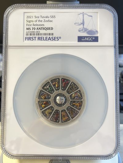 【海寕潮】拍卖第107期【五一快乐场】 - 【海寧潮】图瓦卢2021年十二星座5盎司彩色仿古纪念银币NGC-MS70首期蓝标无盒无证书