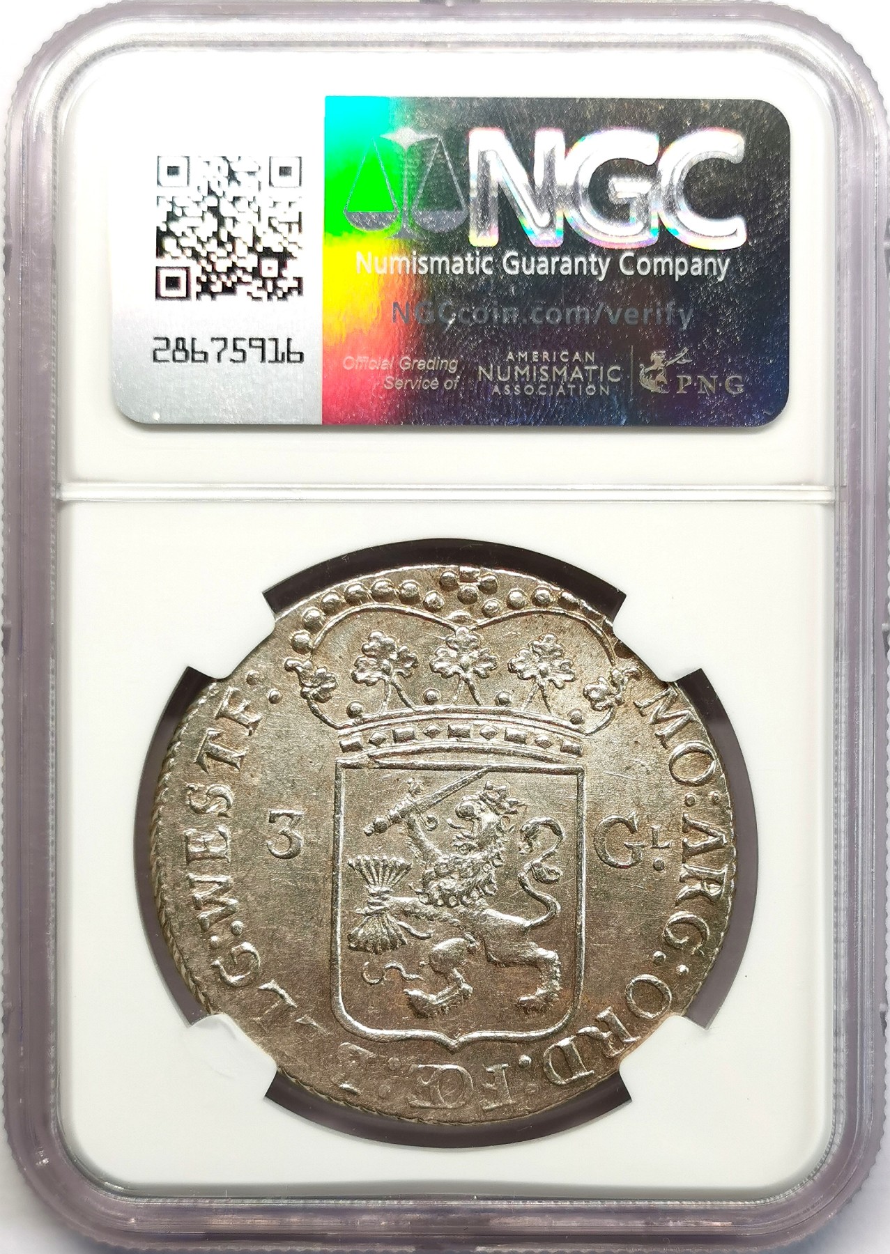 凡希社世界钱币微拍第二百六十六期 荐！1794联省共和国西弗里斯兰雅典娜3盾大银NGC-MS62，银光品，质感一流，系列关门年份！请参考视频。