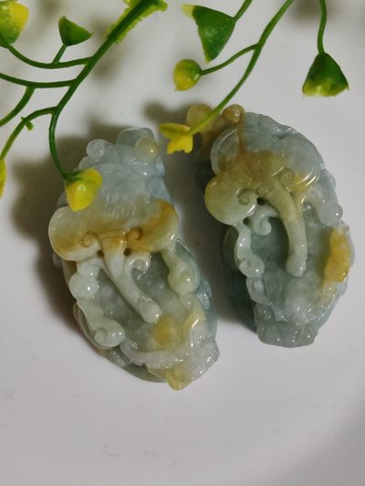 精美翡翠低价起拍 - 一对A货缅甸翡翠黄翡大貔貅挂件