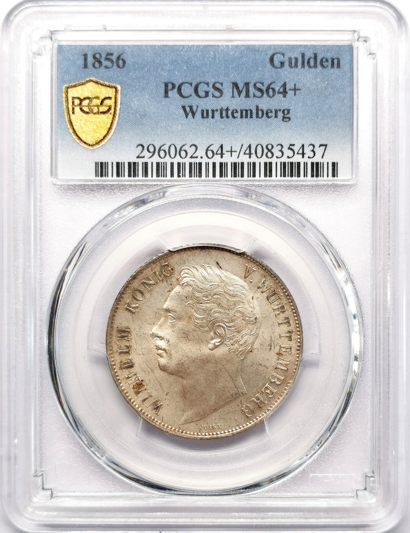 凡希社世界钱币微拍第二百六十六期 1856符腾堡流通版古尔登银币PCGS-MS64+，黄光柔彩，底板丝滑，收藏级品相！请参考视频。