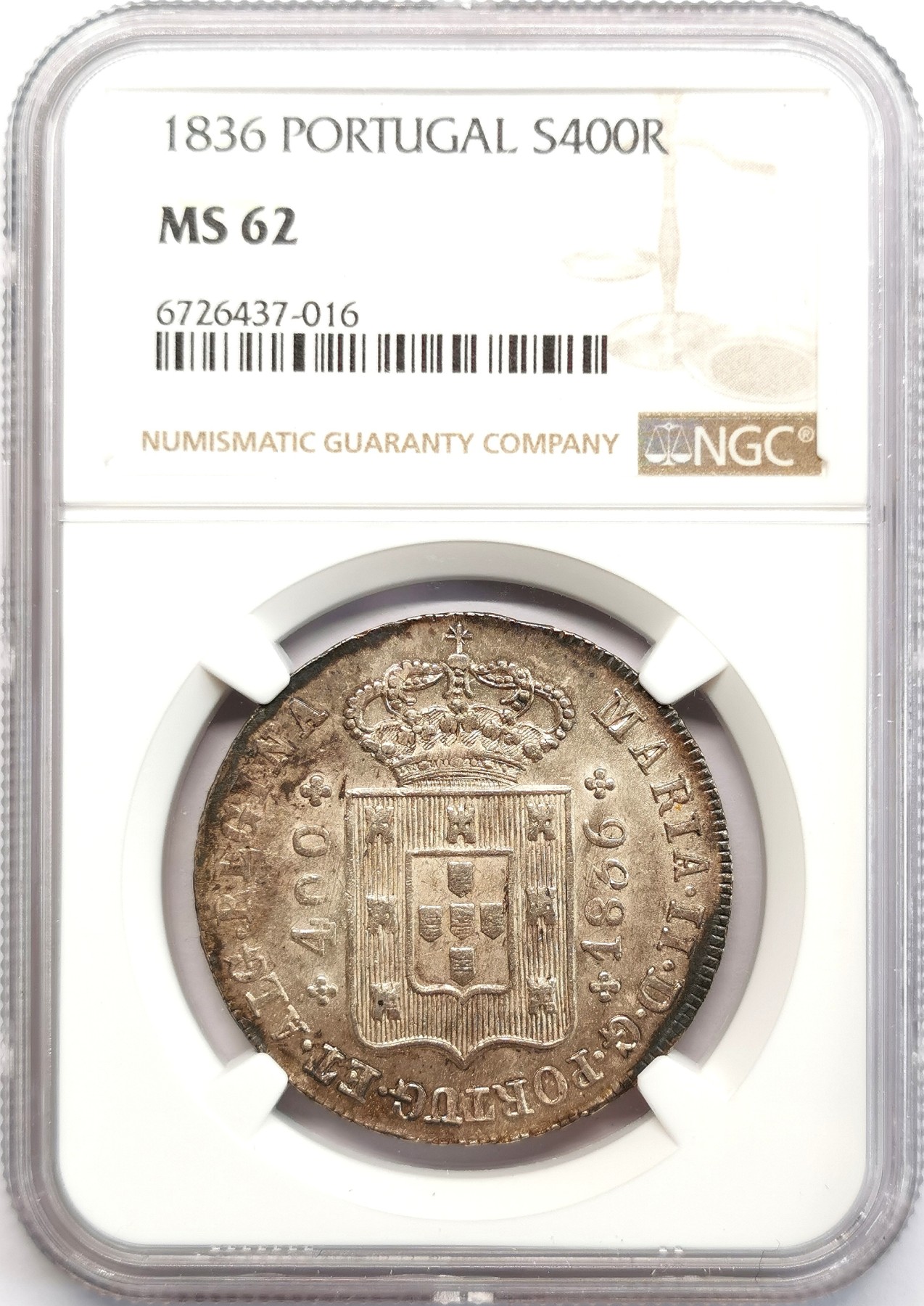 凡希社世界钱币微拍第二百六十六期 1836葡萄牙玛丽二世400R十字银币NGC-MS62，淡金彩养眼！请参考视频。