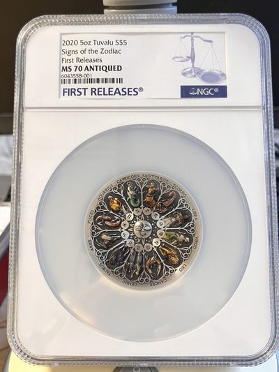 【海寕潮】拍卖第107期【五一快乐场】 - 【海寧潮】图瓦卢2020年十二星座5盎司高浮雕彩银币NGC-MS70首期蓝标原盒证书
