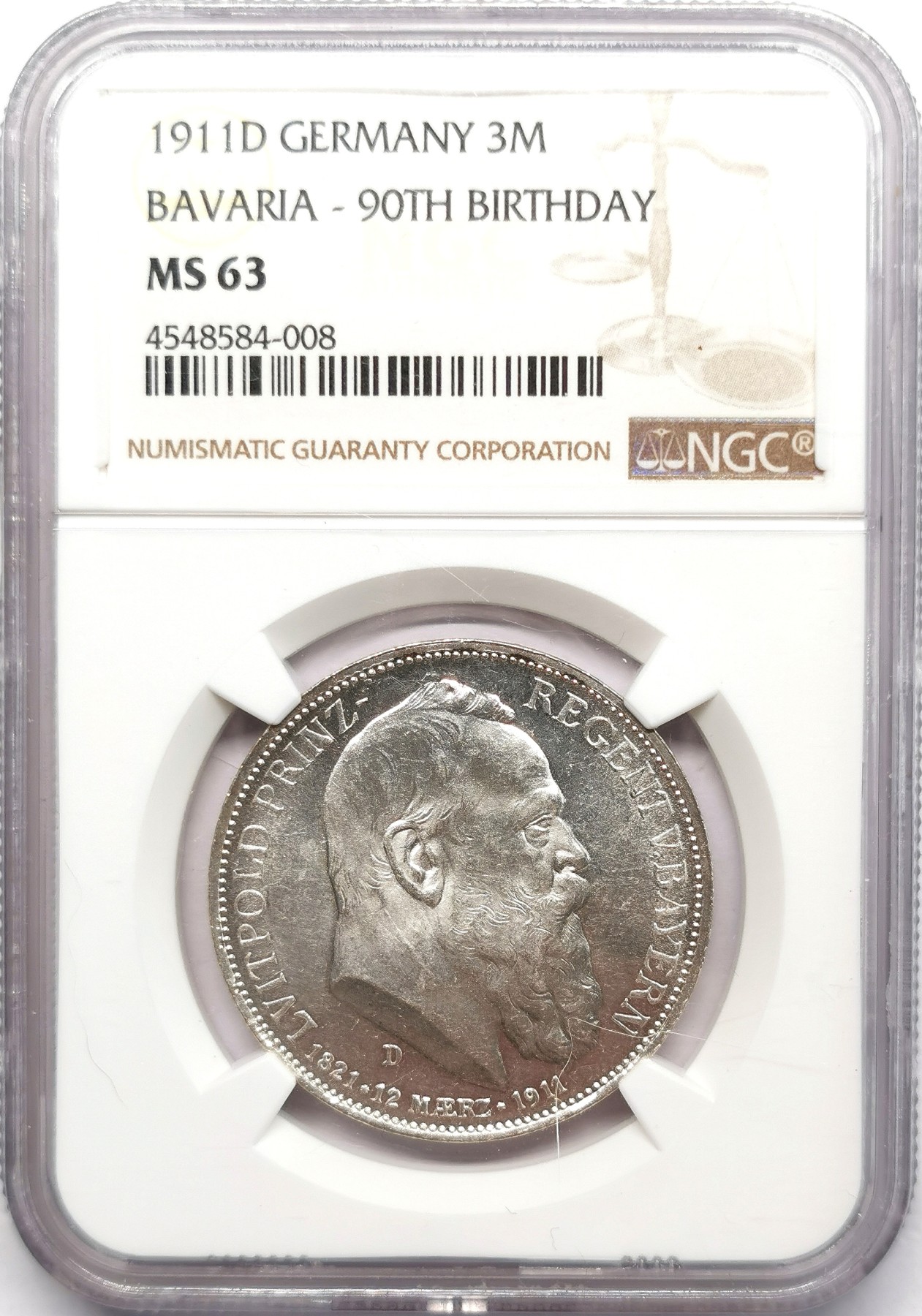 凡希社世界钱币微拍第二百六十六期 1911D巴伐利亚3马克纪念银币NGC-MS63