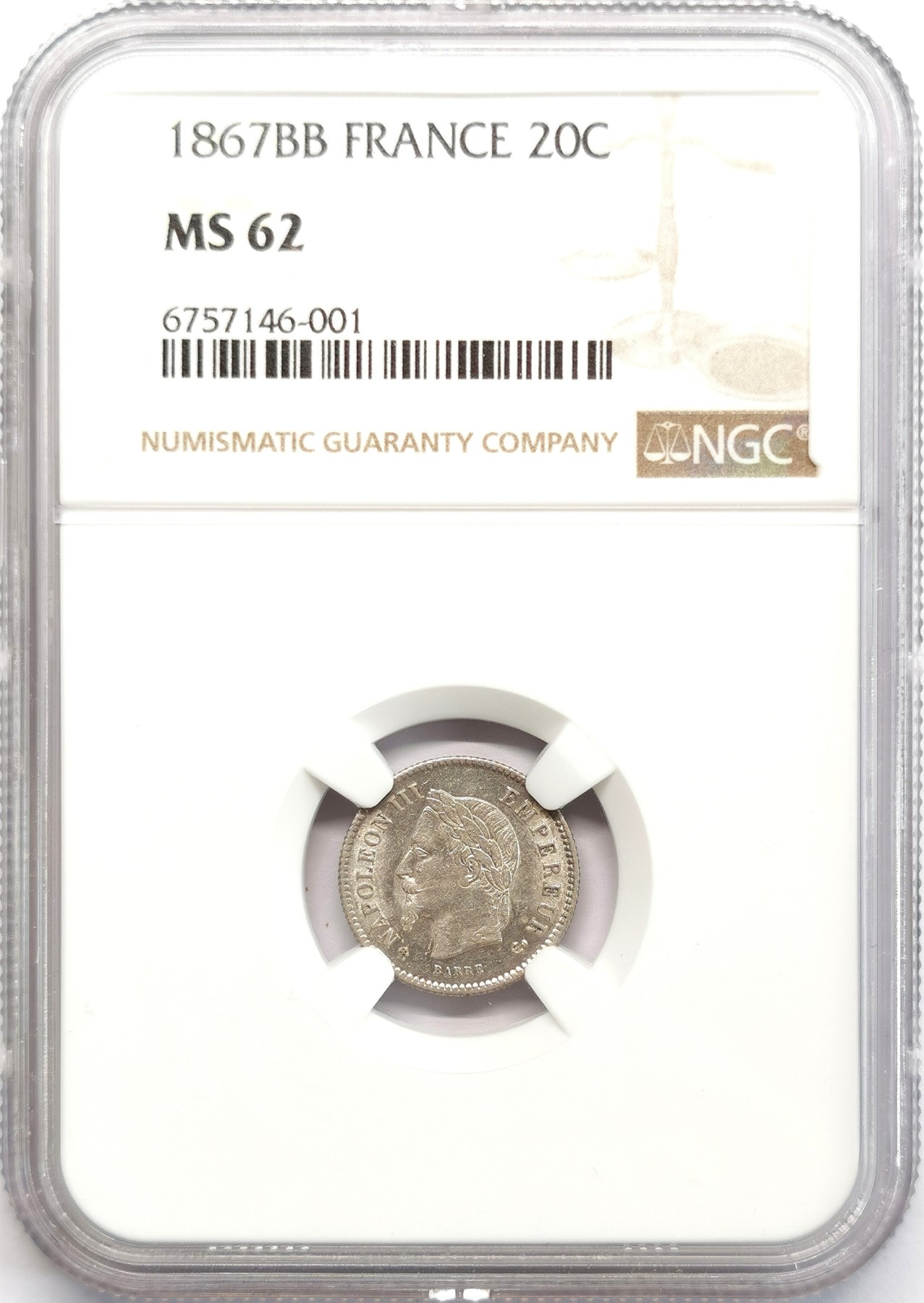 凡希社世界钱币微拍第二百六十六期 1867BB法国拿三20生丁银辅币NGC-MS62