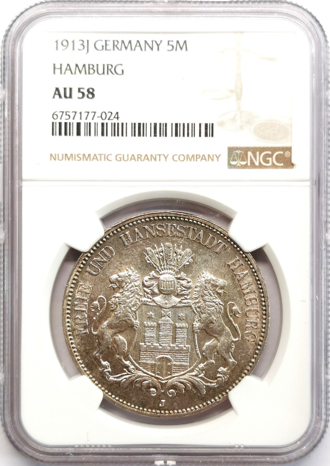凡希社世界钱币微拍第二百六十六期 1913J汉堡5马克大银NGC-AU58