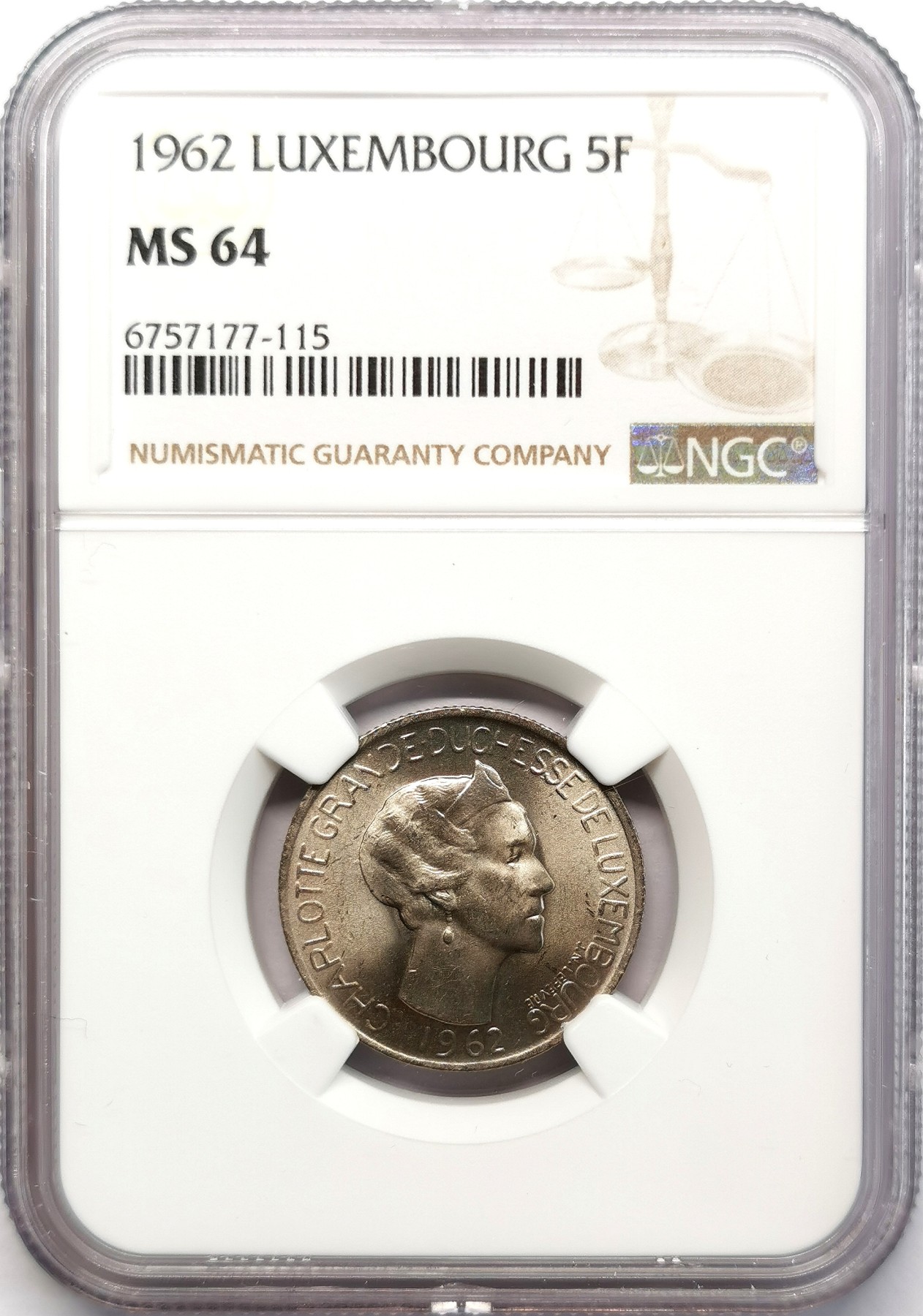 凡希社世界钱币微拍第二百六十六期 1962卢森堡5法郎NGC-MS64