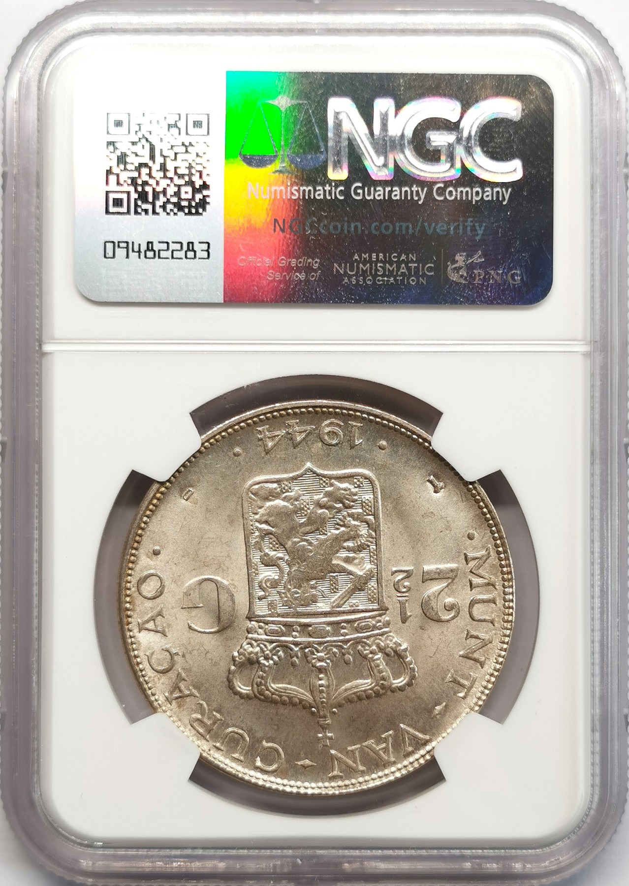 凡希社世界钱币微拍第二百六十六期 1944D荷属库拉索威廉敏娜2.5盾大银NGC-MS65