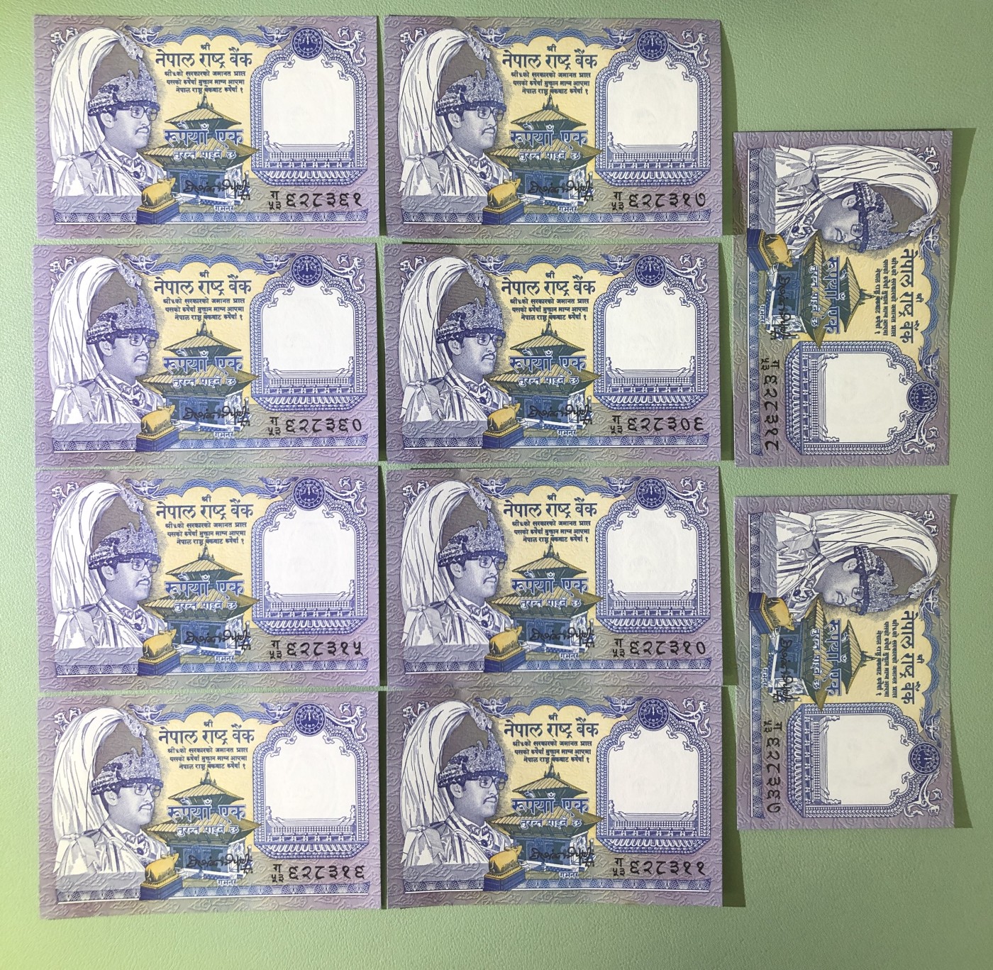 世界外币 1981年，尼泊尔1卢币纸币，10张连号，全新UNC品相