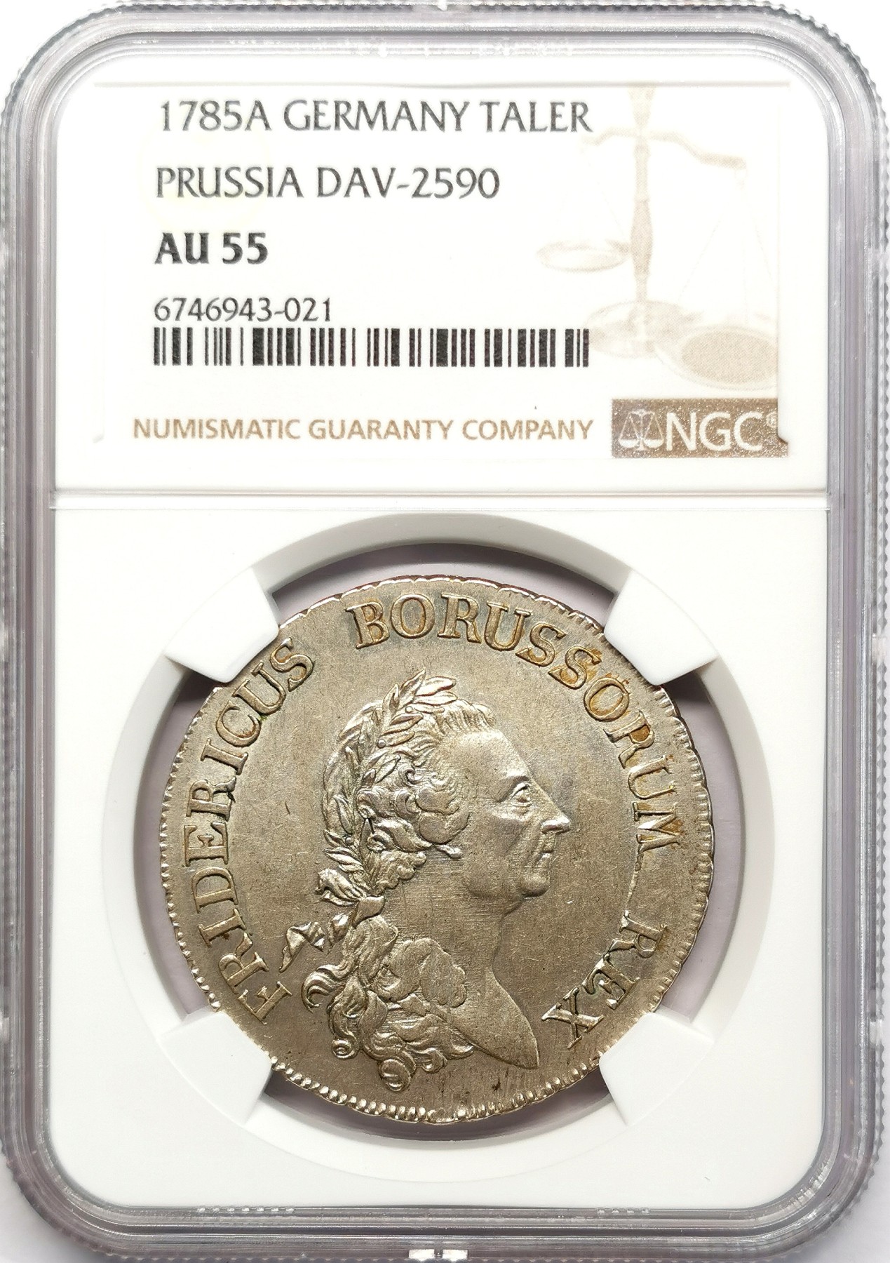 凡希社世界钱币微拍第二百六十六期 1785A普鲁士弗里德里希大王皇冠鹰与大炮泰勒大银NGC-AU55，普鲁士名誉品种！