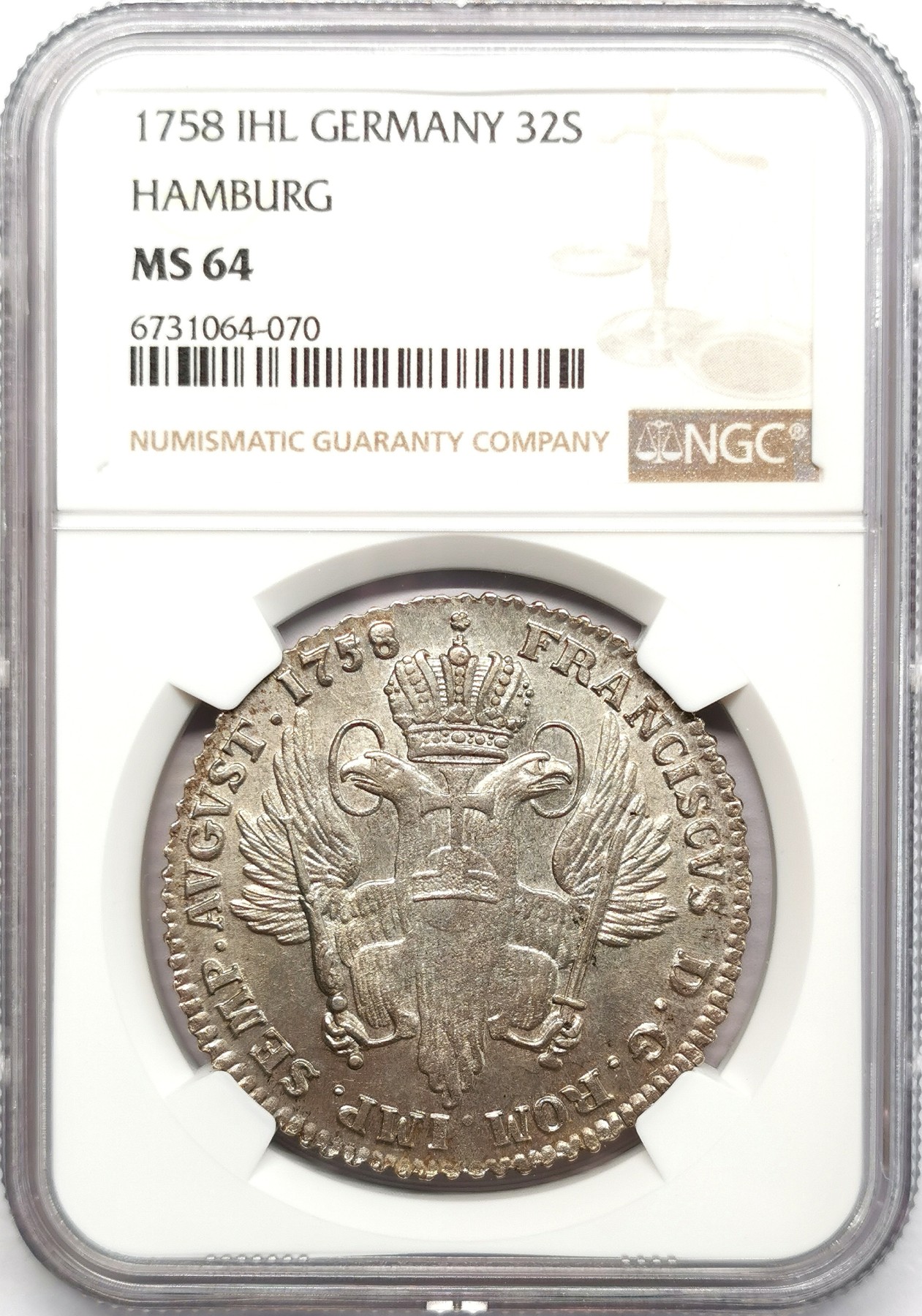 凡希社世界钱币微拍第二百六十六期 荐！1758帝国自由市汉堡城市徽章32先令大银NGC-MS64，灰彩皮蛋光，质感卓越的一枚！