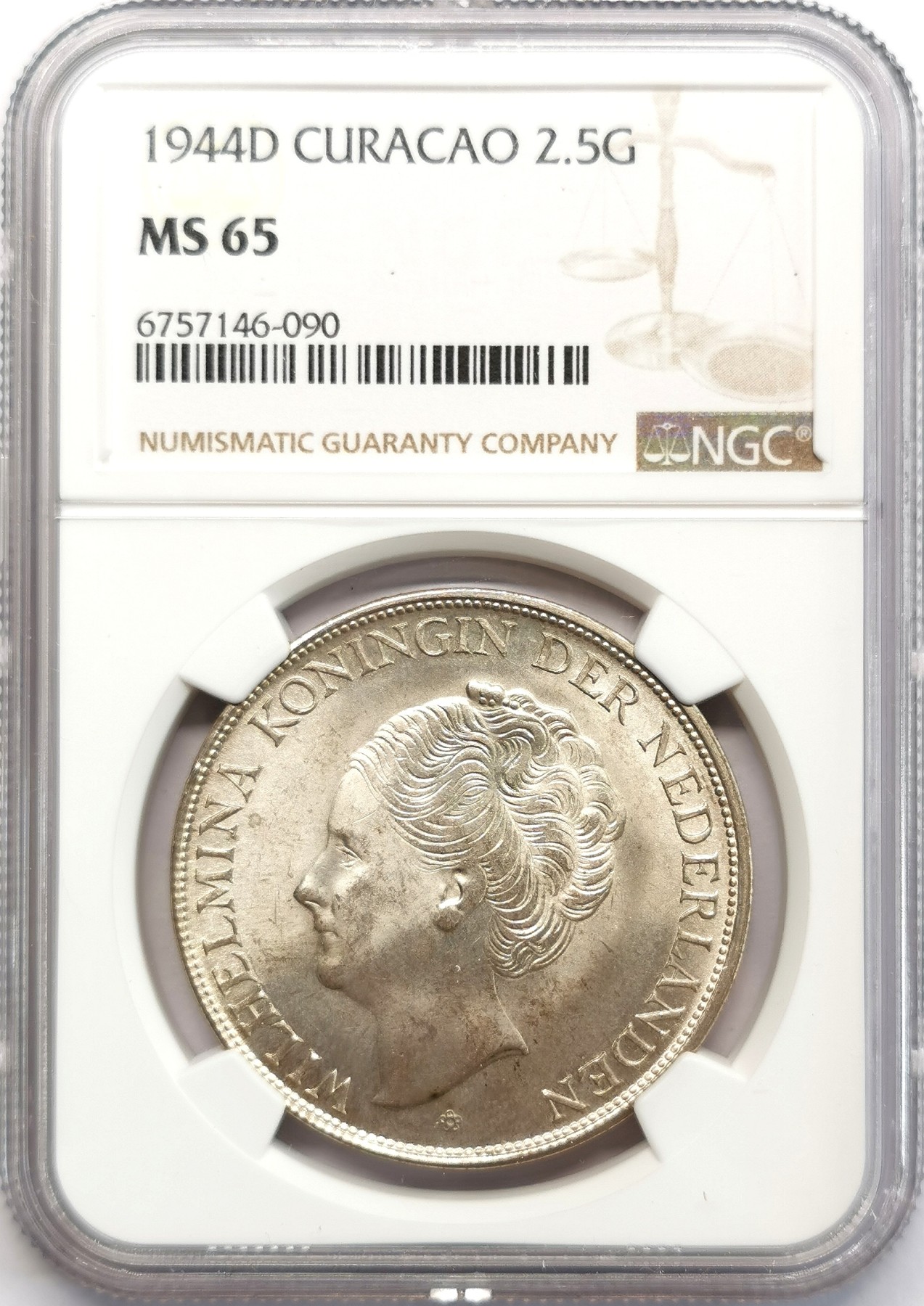凡希社世界钱币微拍第二百六十六期 1944D荷属库拉索威廉敏娜2.5盾大银NGC-MS65