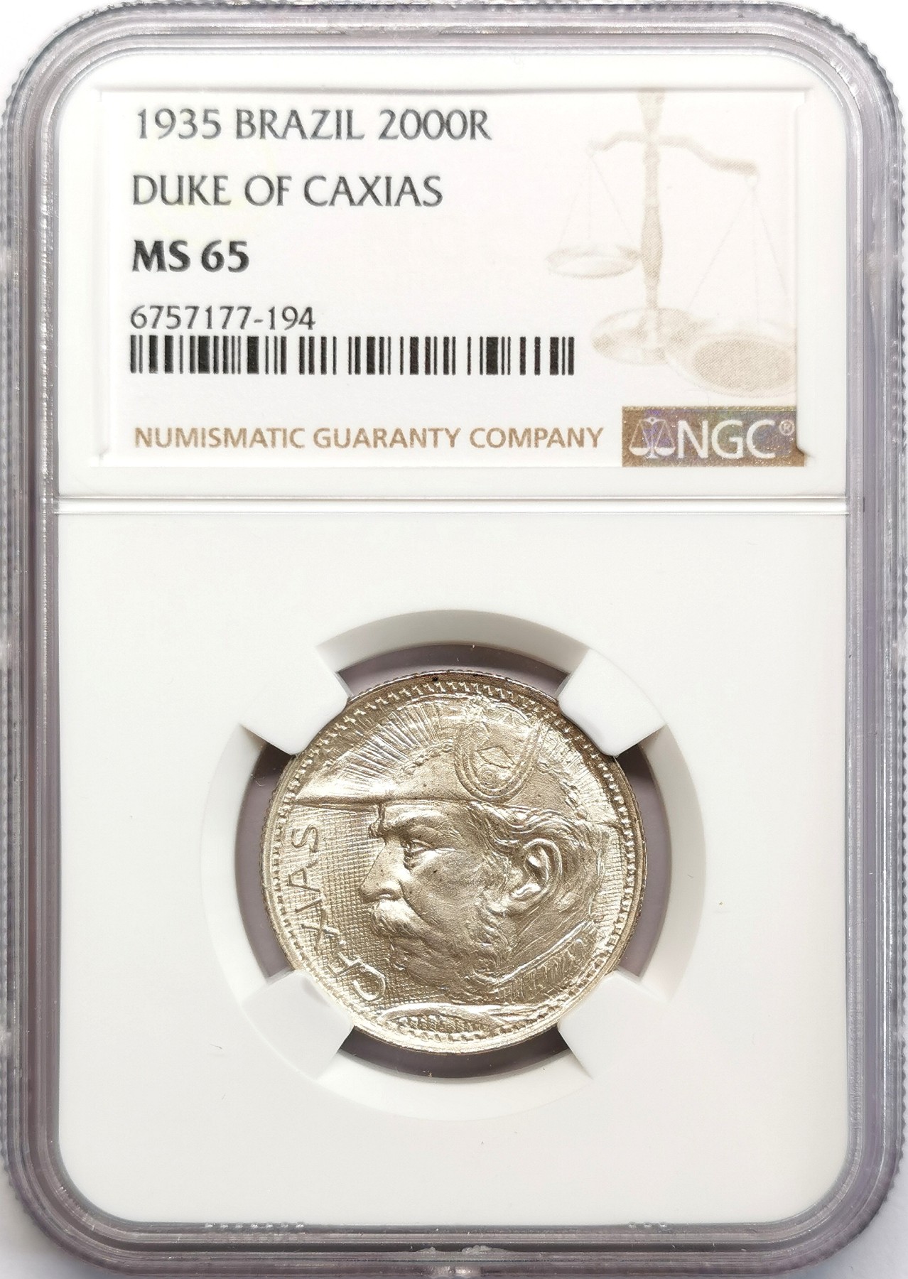 凡希社世界钱币微拍第二百六十六期 1935巴西卡西亚斯2000R纪念银币NGC-MS65
