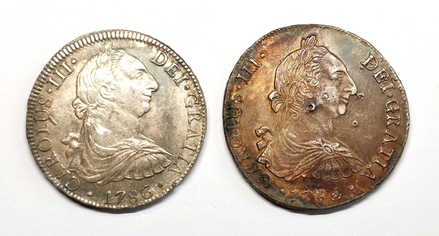 凡希社世界钱币微拍第二百六十六期 1785/6玻利维亚墨西哥卡三双柱一对美品！