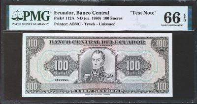 世界靓号纸钞第四十四期 - 1980年厄瓜多尔100苏克雷 超罕见Tyvek基材塑料钞 PMG66 超稀少品种 