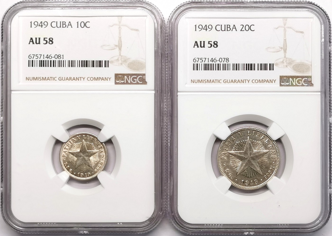 凡希社世界钱币微拍第二百六十六期 1949古巴五角星10分/20分一对NGC-AU58